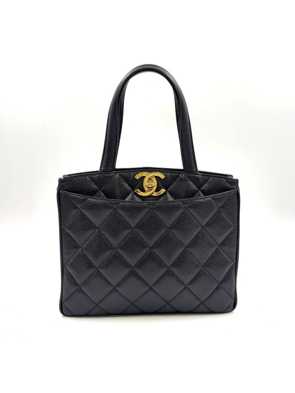 Chanel Quilted Turnlock Caviar Leather Black Tote Bag Gold